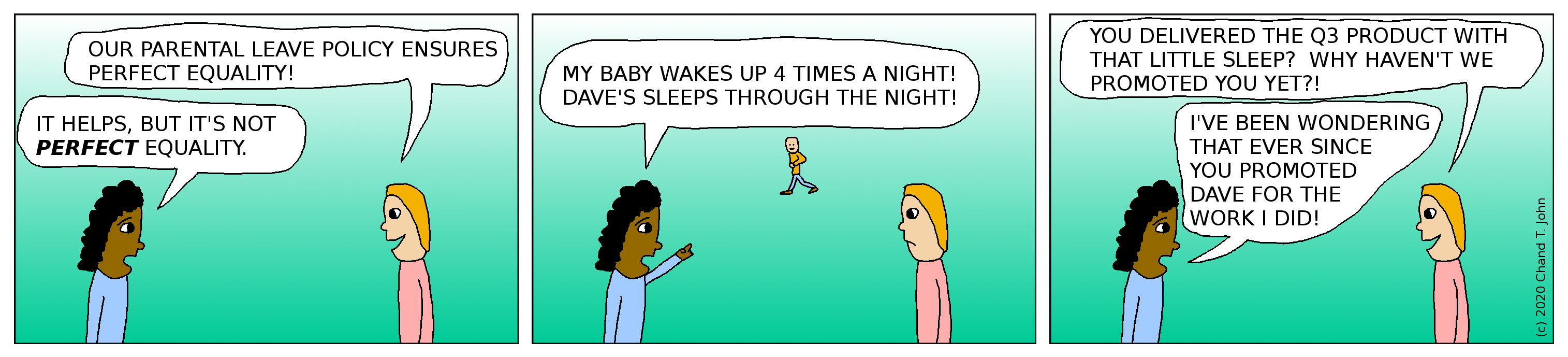 Person says, "Our parental leave policy ensures perfect equality!" Second person says, "It helps, but it's not PERFECT equality. My baby wakes up 4 times a night!" Pointing to another person, Dave, the person continues, "Dave's sleeps through the night!" First person says, "You delivered the Q3 product with that little sleep? Why haven't we promoted you yet?!" Second person replies, "I've been wondering that ever since you promoted Dave for the work I did!"